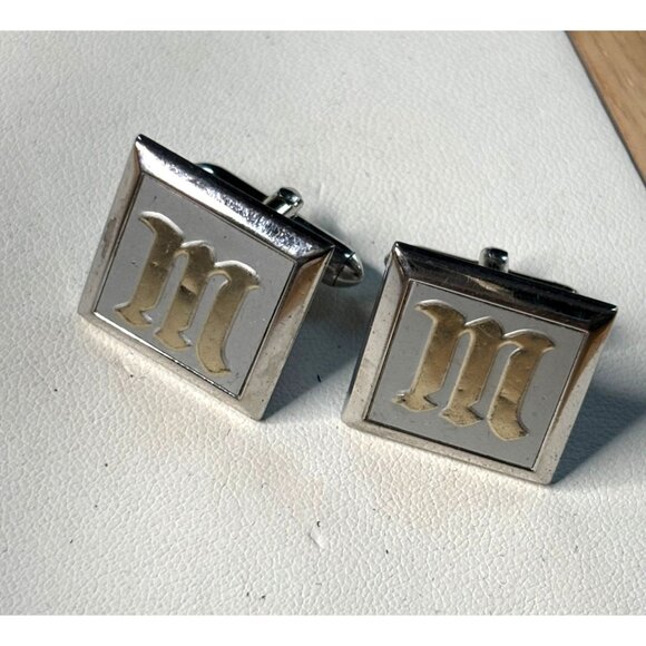 Silver Square Initial M Cufflinks With Gold Lettering - Elegant Mens Accessory - Picture 1 of 9